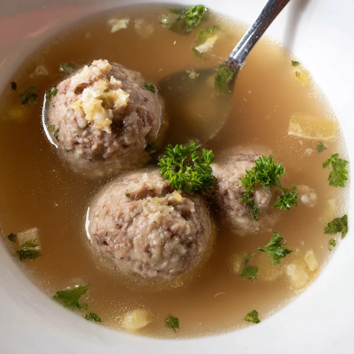 Traditionelle deutsche Leberknödel serviert mit frischem Petersilien-Topping und Brühe.  