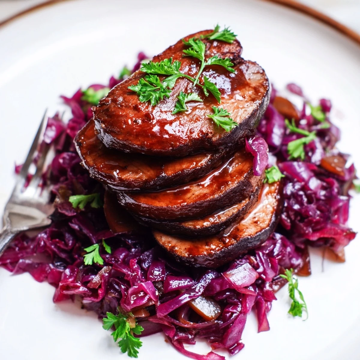 Zarte Schweinemedaillons mit Honigglasur, serviert mit würzigem Rotkohl für ein ausgewogenes Gericht.