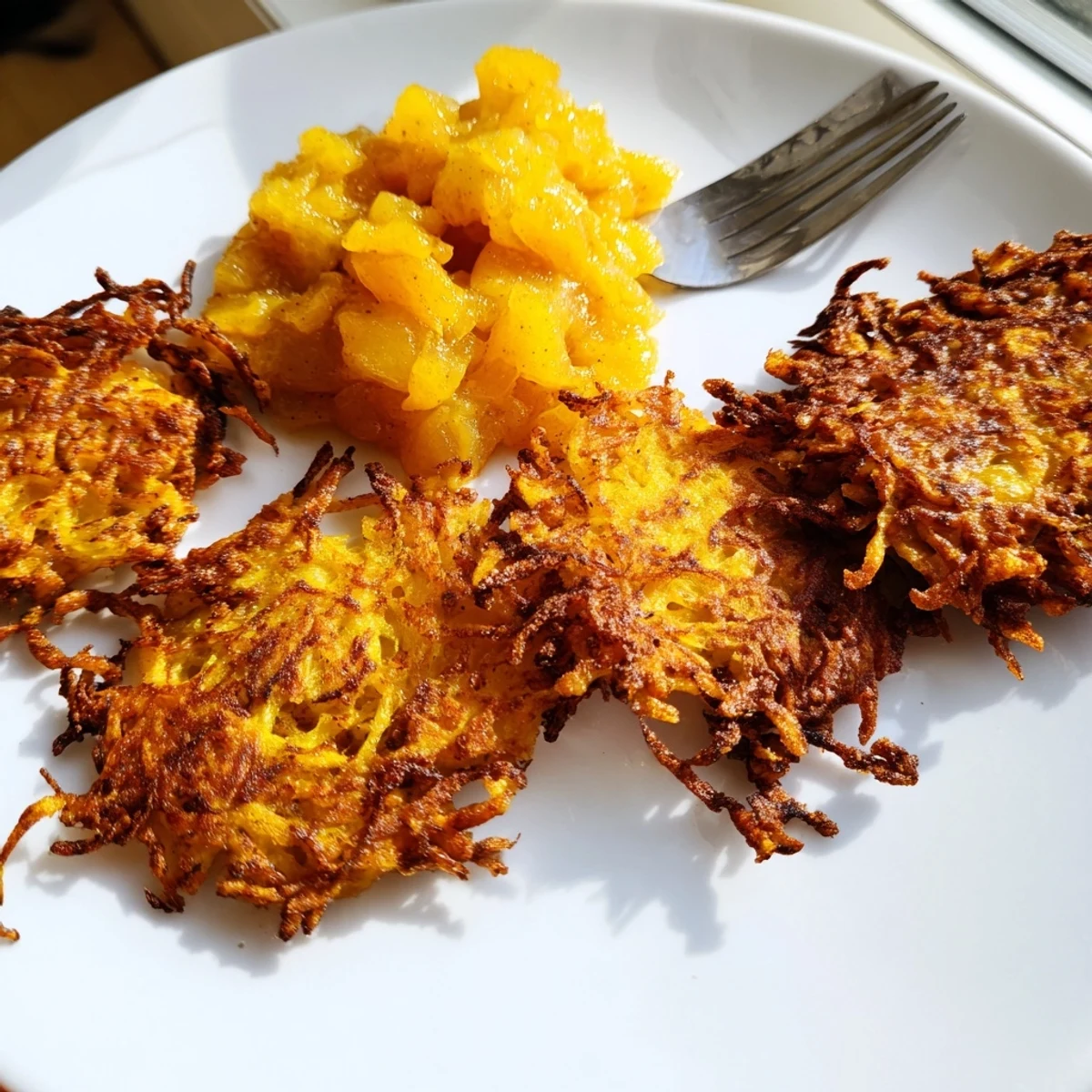 Leckere Kartoffel-Latkes, perfekt zum Dippen in frischer Apfelsoße genießen.