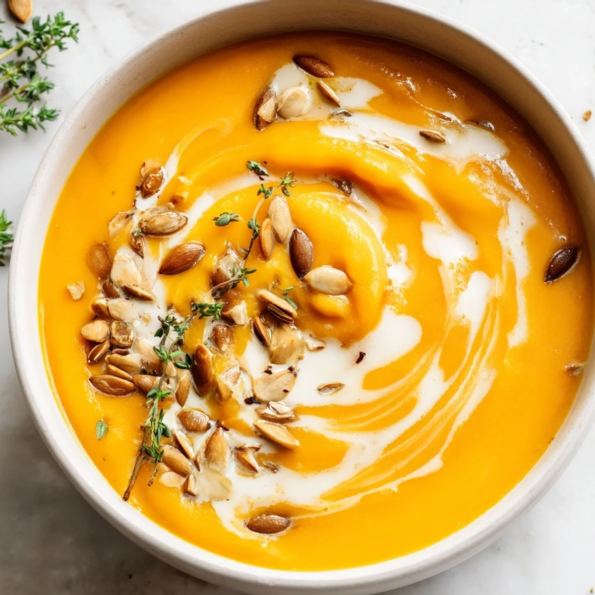 Herbstliches Butternut-Kürbissuppe-Rezept mit gewürztem Gemüse und cremigem Topping