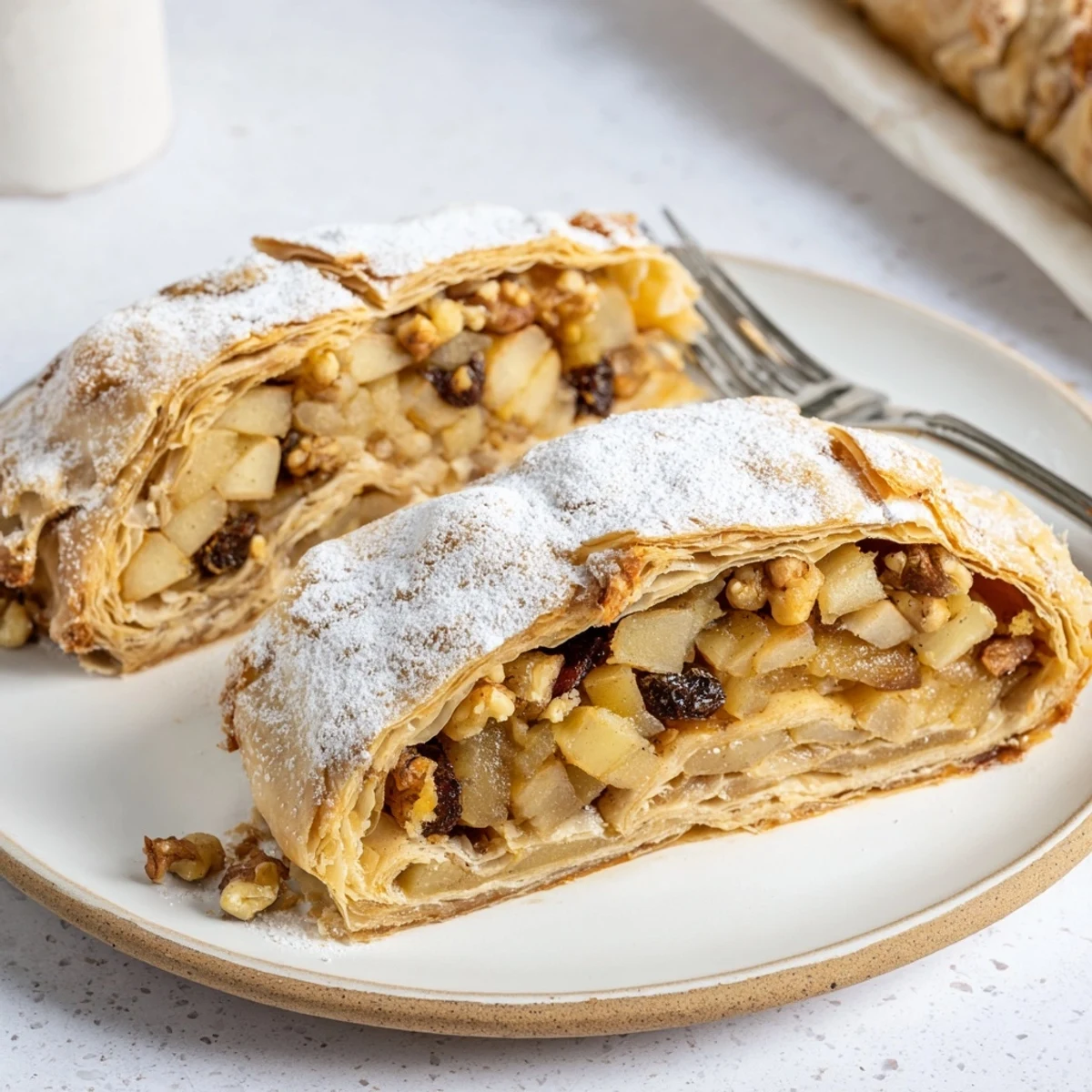 Herbstlicher Apfelstrudel, perfekt serviert mit einer Kelle Vanilleeis und Schlagsahne.