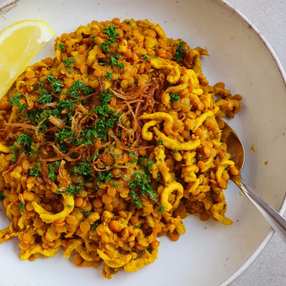 Hearty vegan German Dahl & Spätzle Bowl, a comforting plant-based meal ready to serve and enjoy.