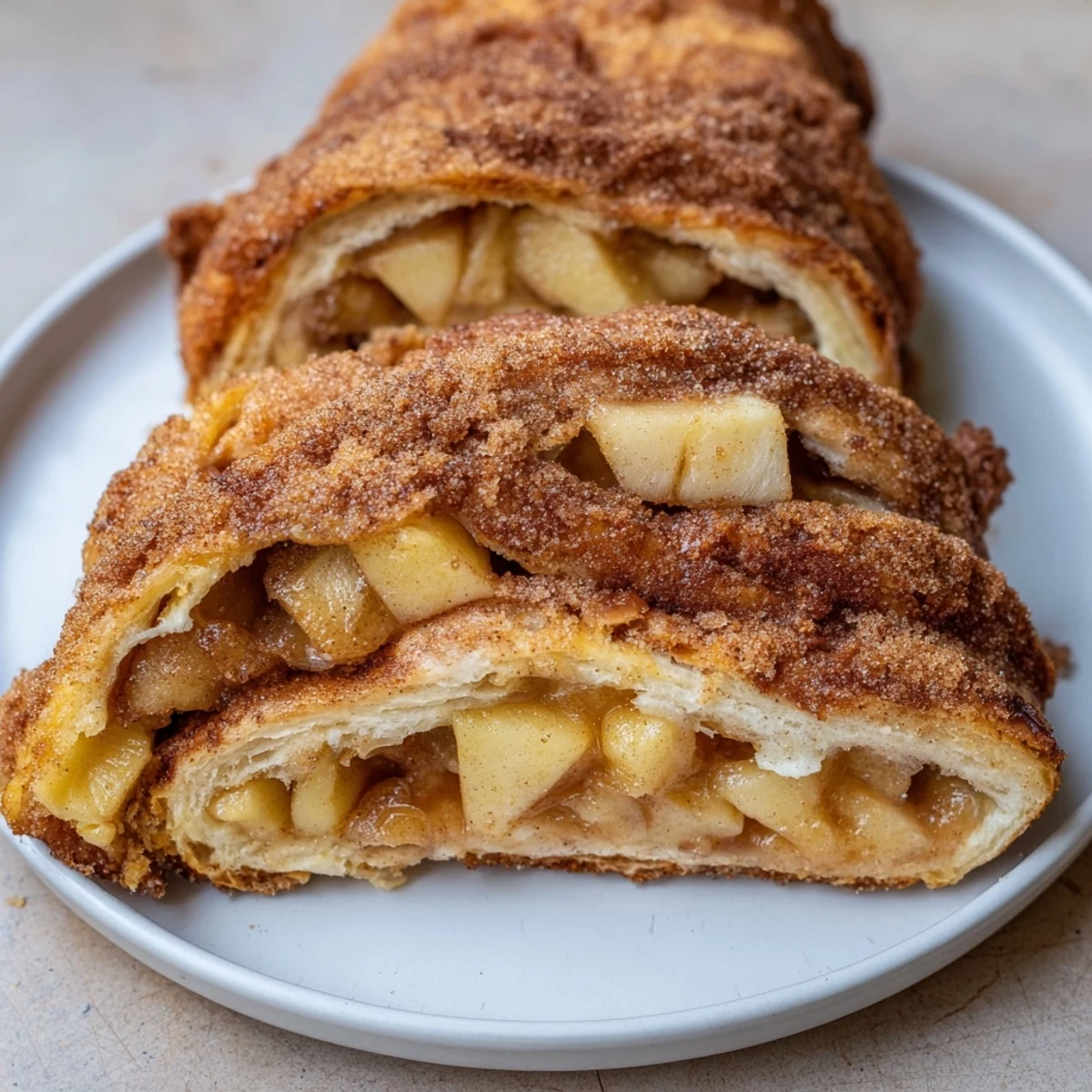 Golden-brown German apple fritter rolls, dusted with cinnamon sugar, ready to be enjoyed warm.
