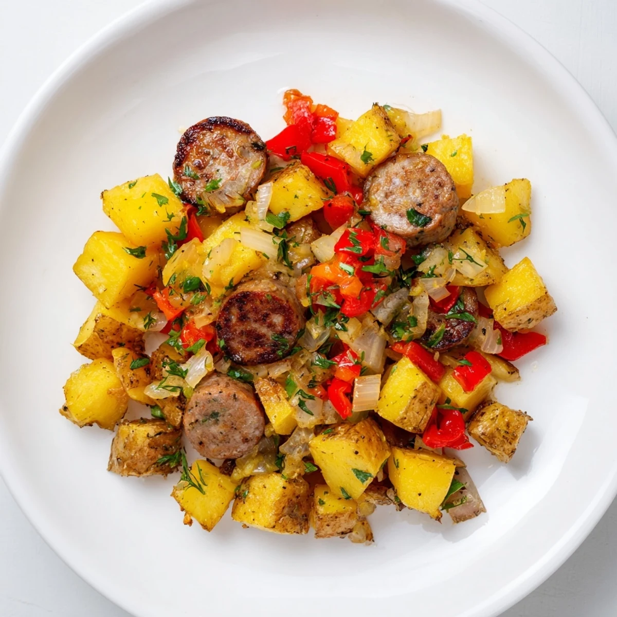 Delicious, sizzling Breakfast Bratwurst Hash, a German-American breakfast skillet, perfect for sharing.