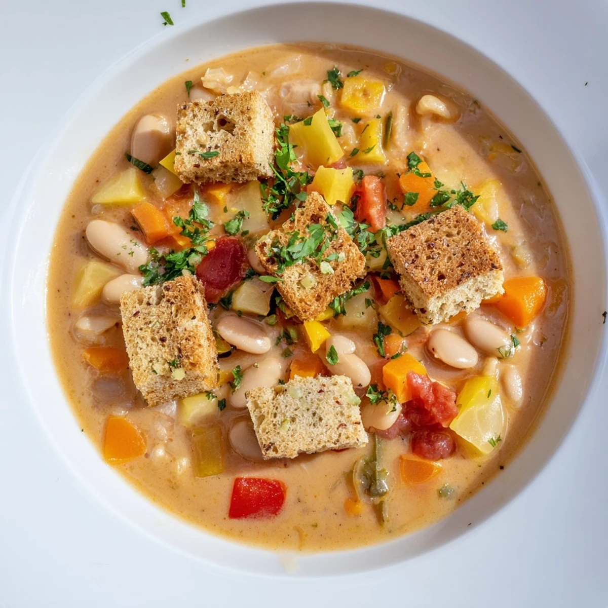 Close-up of the Rustic German Bean & Tomato Stew with colorful vegetables and toasted rye bread croutons.
