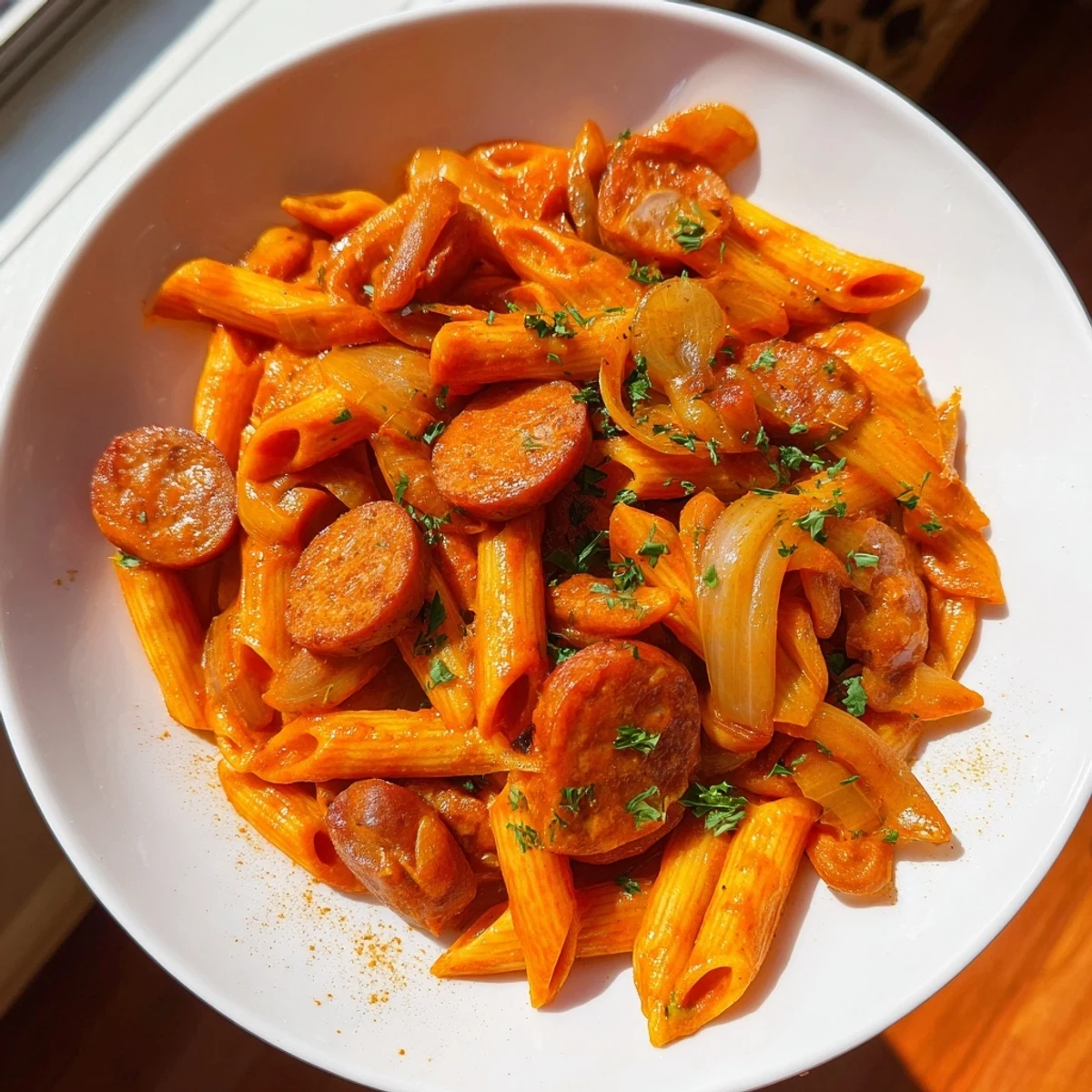 Hearty One-Pot Currywurst Pasta: a close-up showing the finished pasta dish, garnished with parsley.