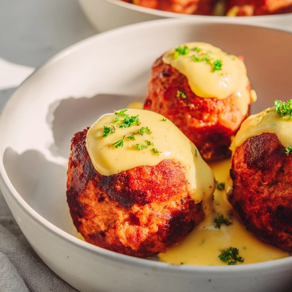 Warm, oven-baked German meatballs, coated in a rich mustard sauce, perfect for dinner tonight.