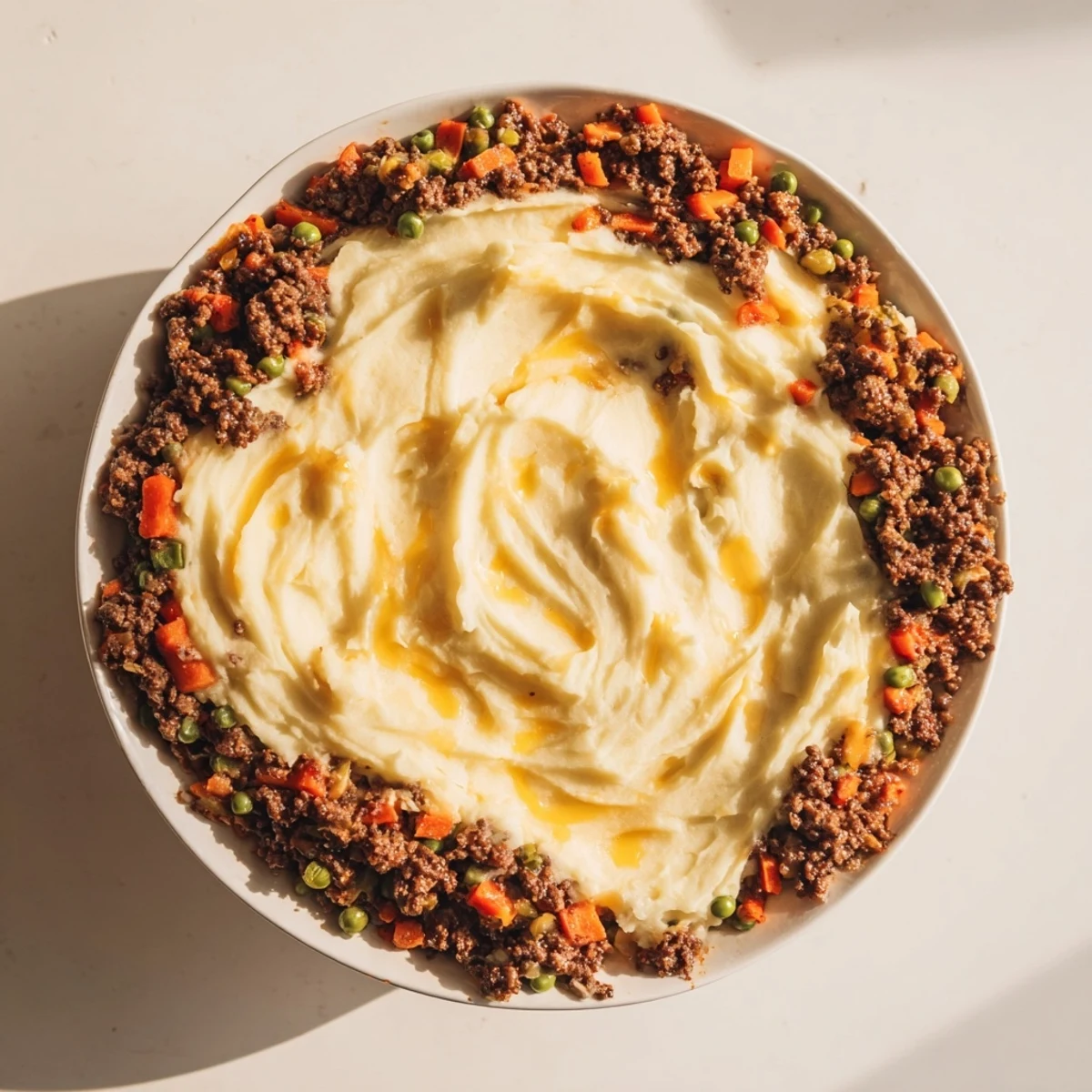 Golden bubbly Rustic German Shepherd's Pie topped with creamy cheddar mashed potatoes, a hearty family meal.