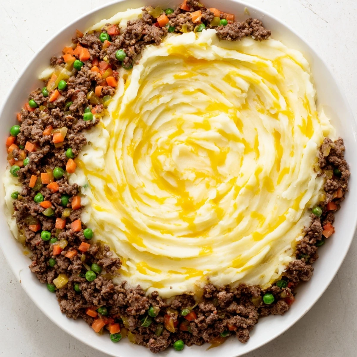 A close-up of a sizzling baked Rustic German Shepherd's Pie overflowing with savory goodness.