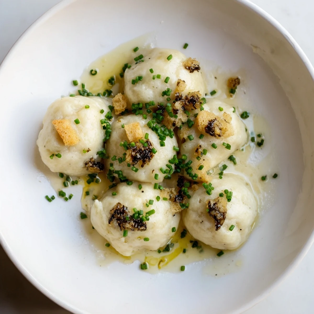 Fluffy German potato dumplings, drizzled with truffle oil and sprinkled with fresh chives, a hearty side.