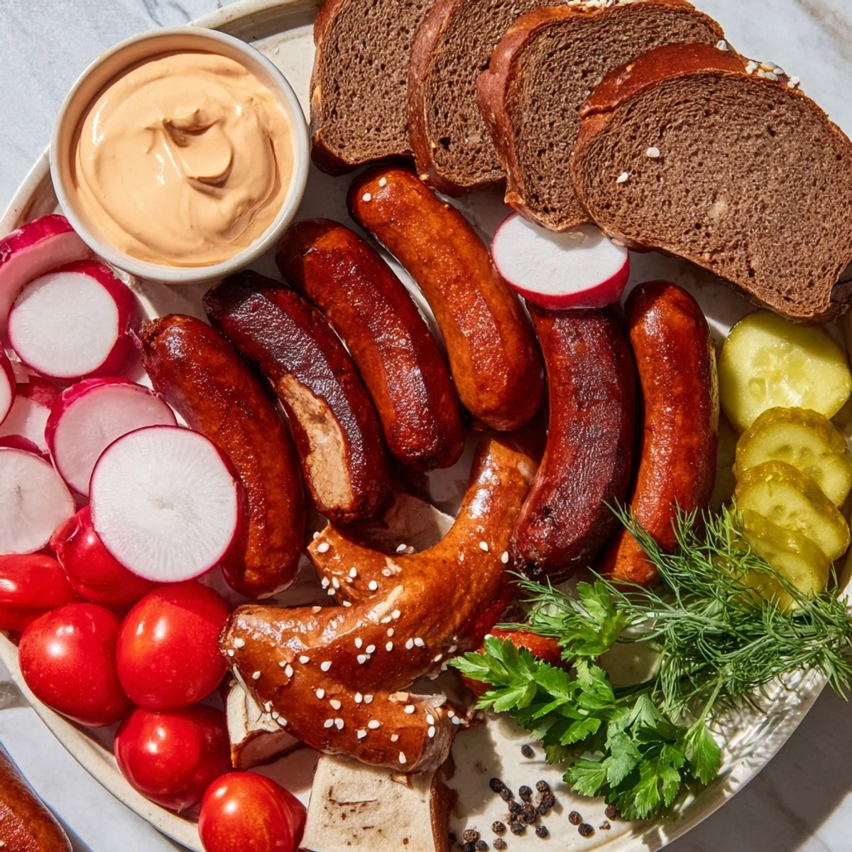 Vibrant Vegan German Sausage Board: Plant-based sausages, pretzels, and spicy sriracha mayo for dipping.