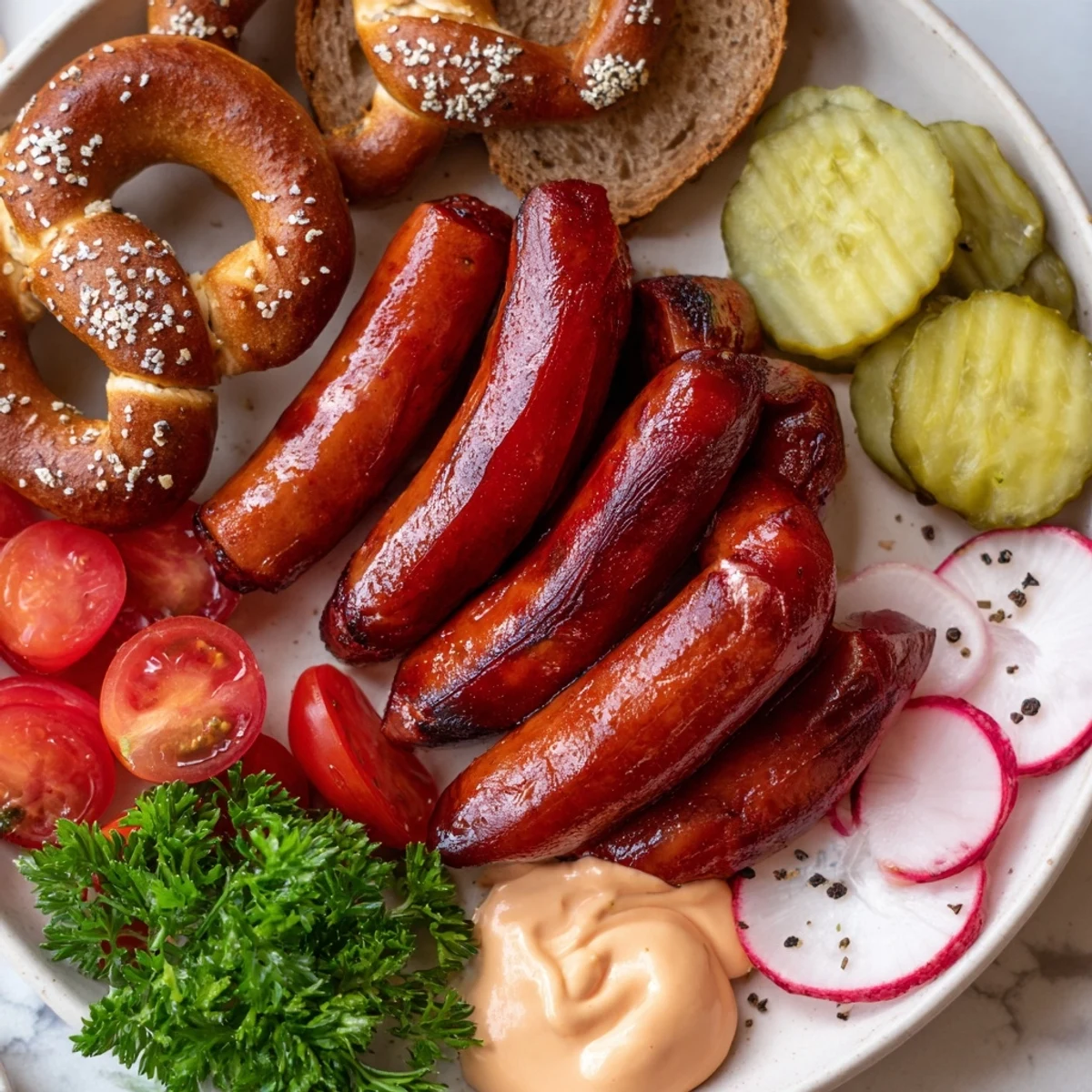 A hearty Vegan German Sausage Board with pretzels, pickles, and a flavorful mustard spread for sharing.