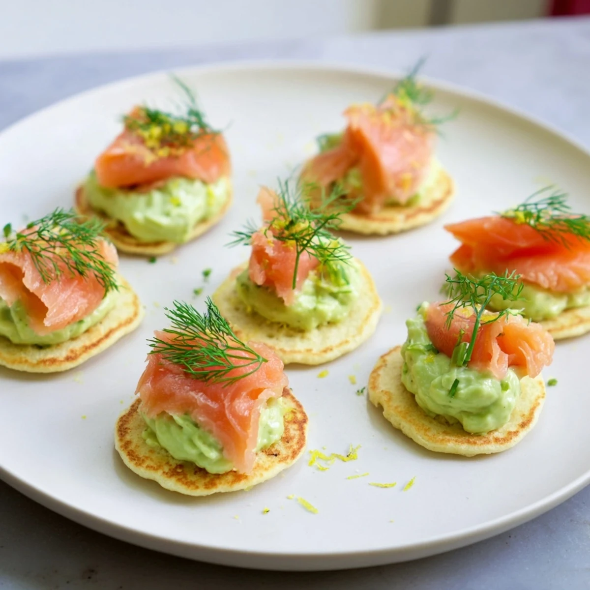 Savory quark blinis are pictured, layered with smoked salmon, avocado cream, and fresh dill.
