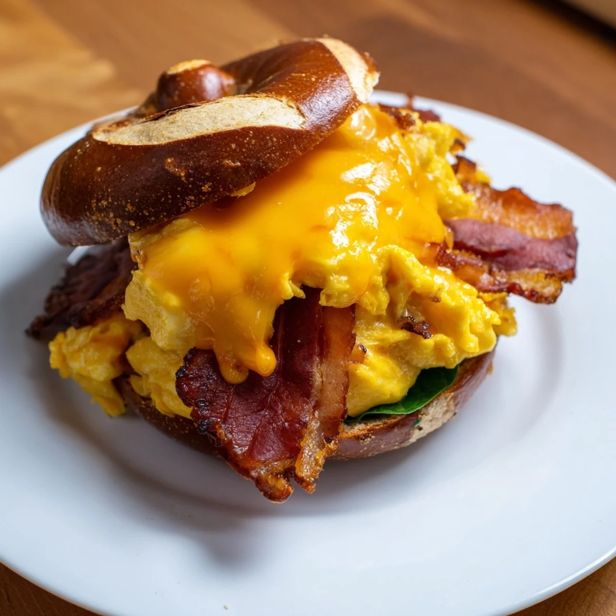 Golden cheddar cheese melting over a fluffy egg filling inside this delicious pretzel bagel breakfast sandwich.