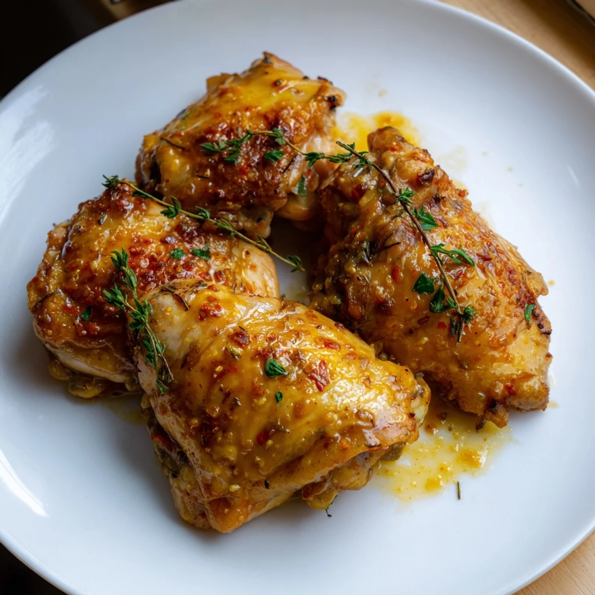 Close-up of perfectly roasted Bavarian sweet mustard chicken, glistening skin, and aromatic herbs visible.