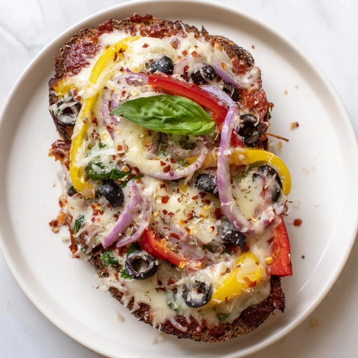 Golden, bubbly marble rye pizza toast with fresh vegetables, ready to eat and enjoy.
