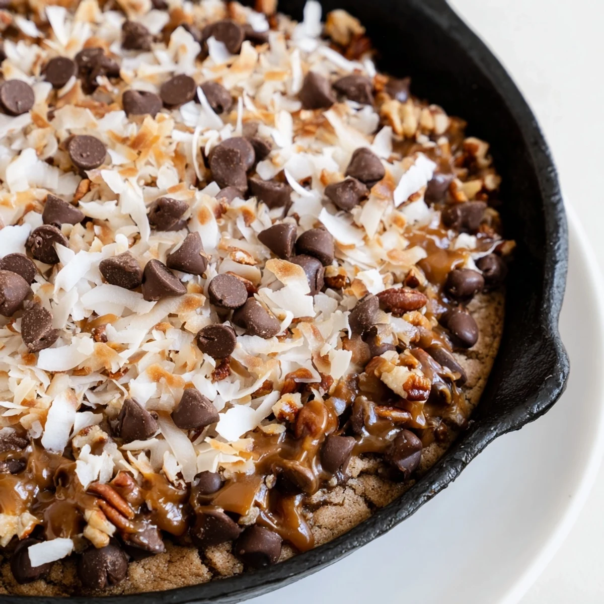 Warm German Chocolate Skillet Cookie, a decadent dessert served straight from a cast iron pan.