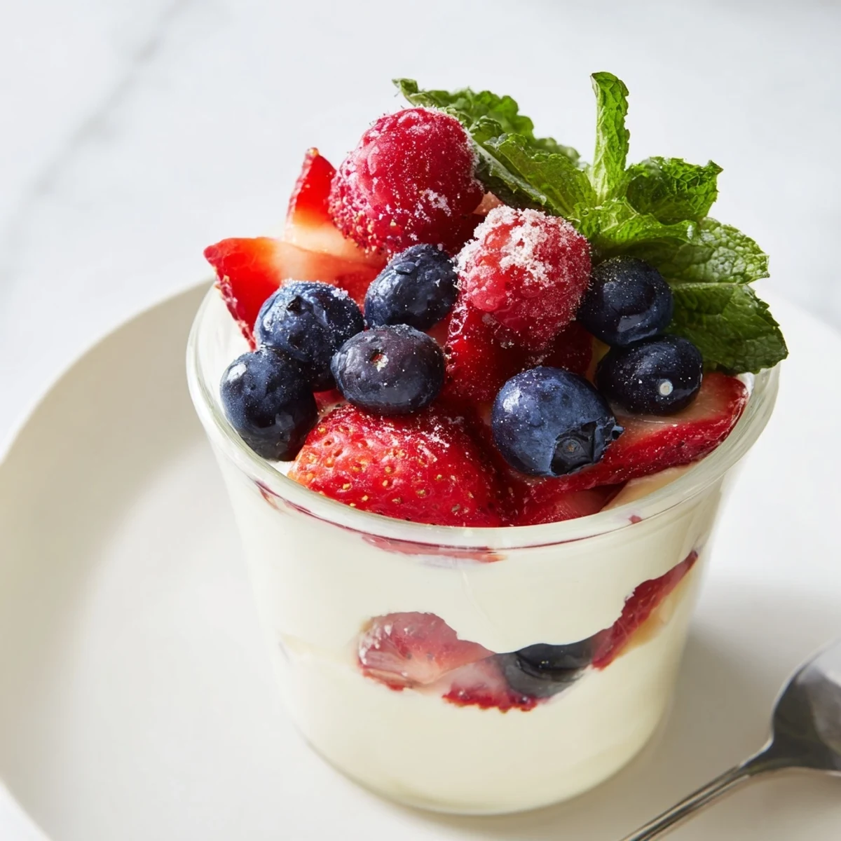 Fresh Berry Bavarian Yogurt Cups, a layered dessert with vibrant mixed berries and smooth, creamy yogurt.