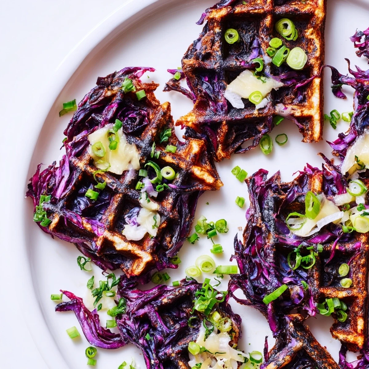 Textured close-up of Crispy Red Cabbage Waffles, hinting at the delightful flavor combination.