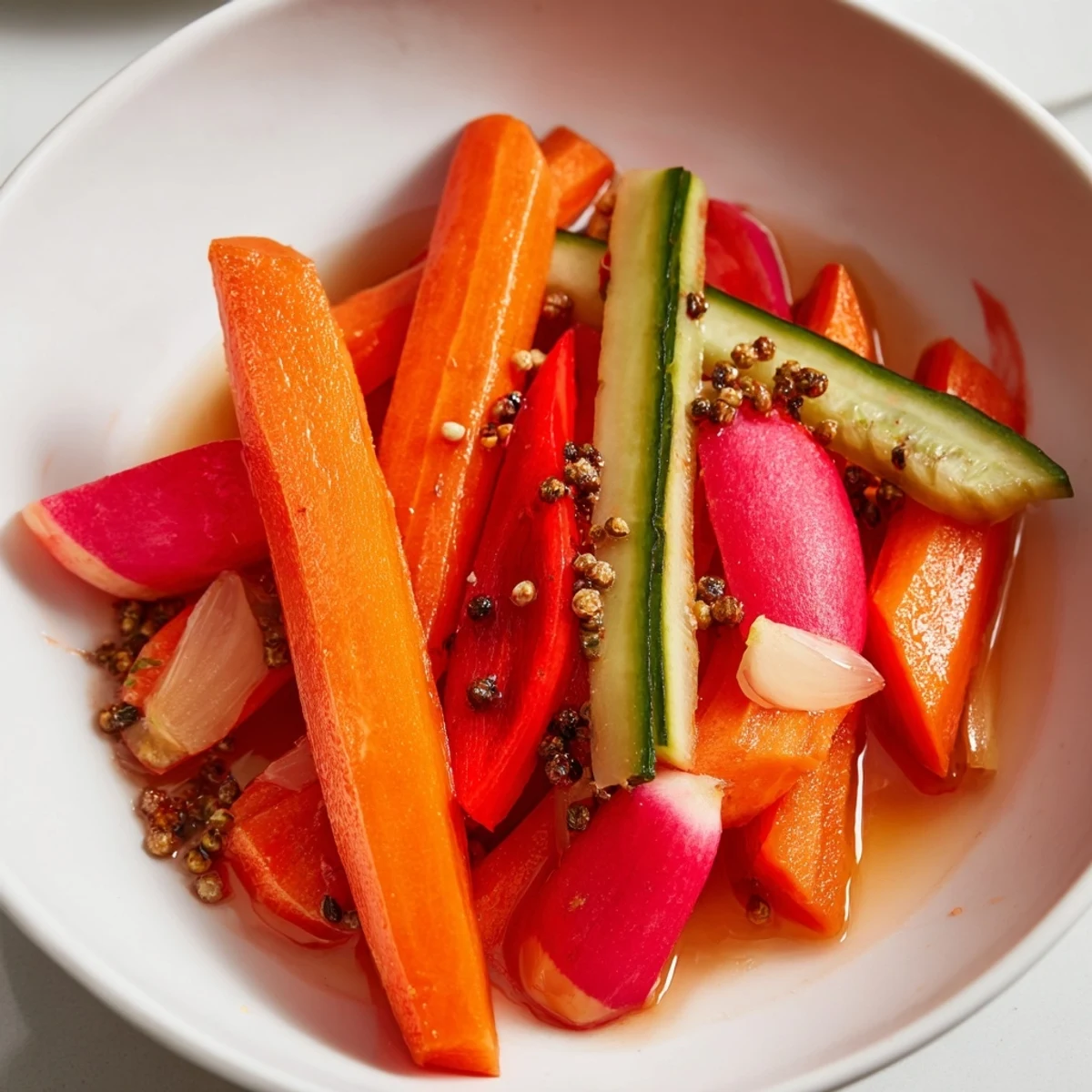 Vibrant, colorful Quick Pickled Veggie Sticks, crunchy and ready to eat, a refreshing side dish.