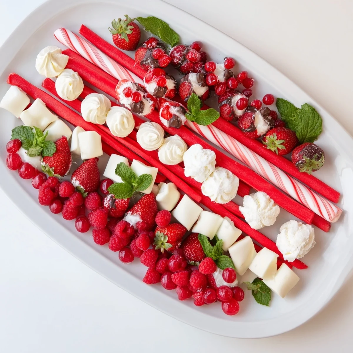 A festive Candy Cane Striped Platter displays vibrant red and white treats, ready for holiday celebrations.