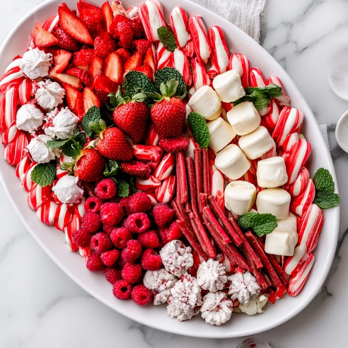 This close-up showcases a beautifully arranged Candy Cane Striped Platter, ideal for a Christmas dessert spread.