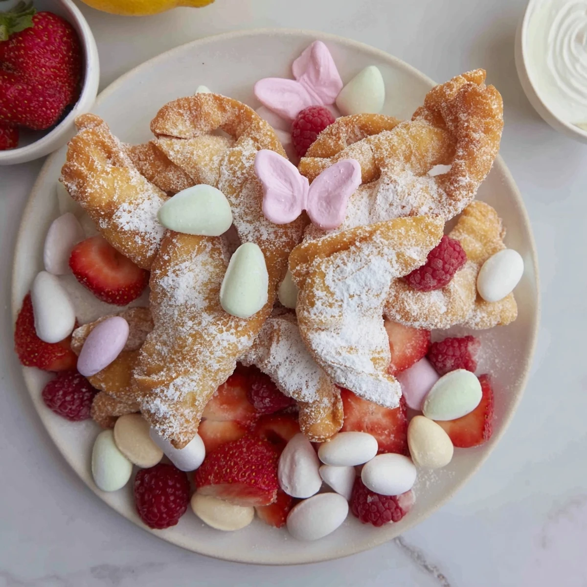 Dusty angel wings, a traditional Polish pastry, create a stunning dessert board alongside colorful treats.