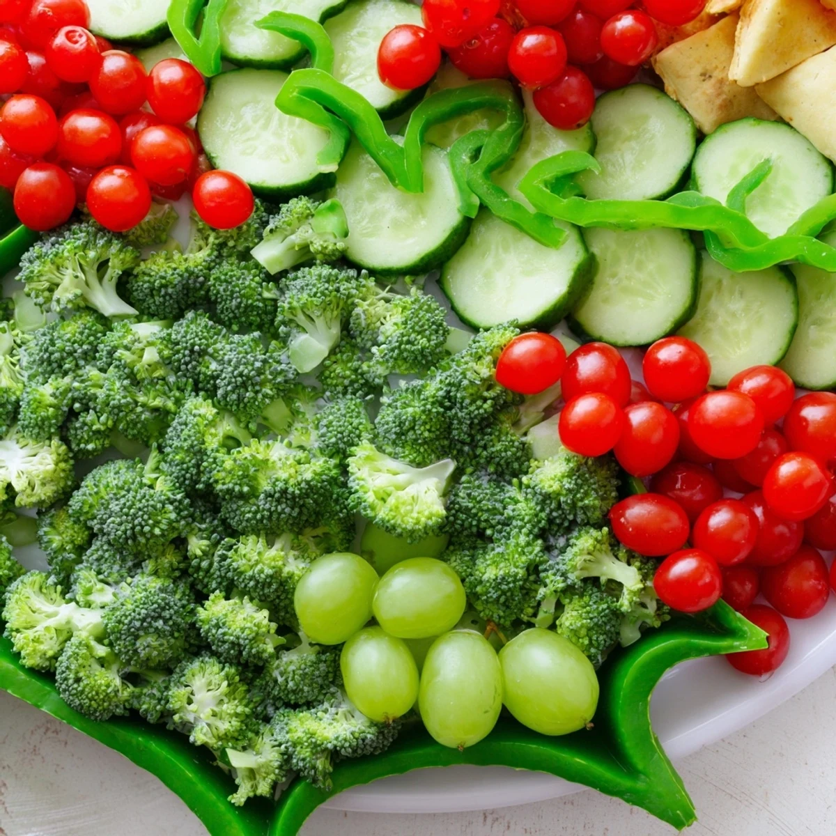 Holly Leaf Veggie Board with vibrant green veggies and red tomatoes is ready to serve.
