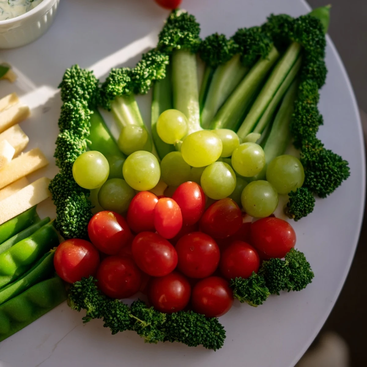Festive Holly Leaf Veggie Board: a healthy appetizer with colorful raw vegetables arranged beautifully.