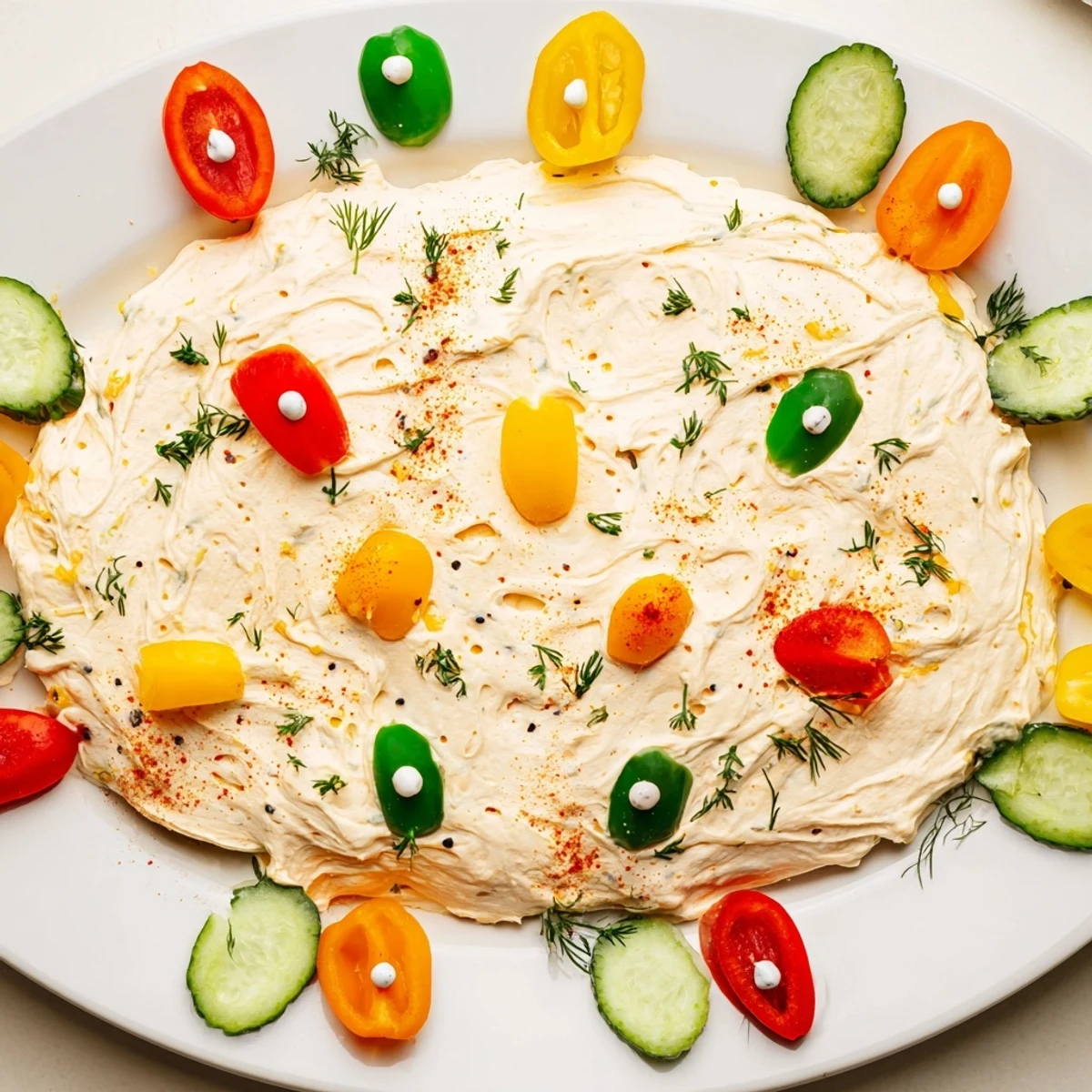 Festively arranged Christmas Lights Appetizer Spread with colorful bell peppers and tomatoes, ready to enjoy.