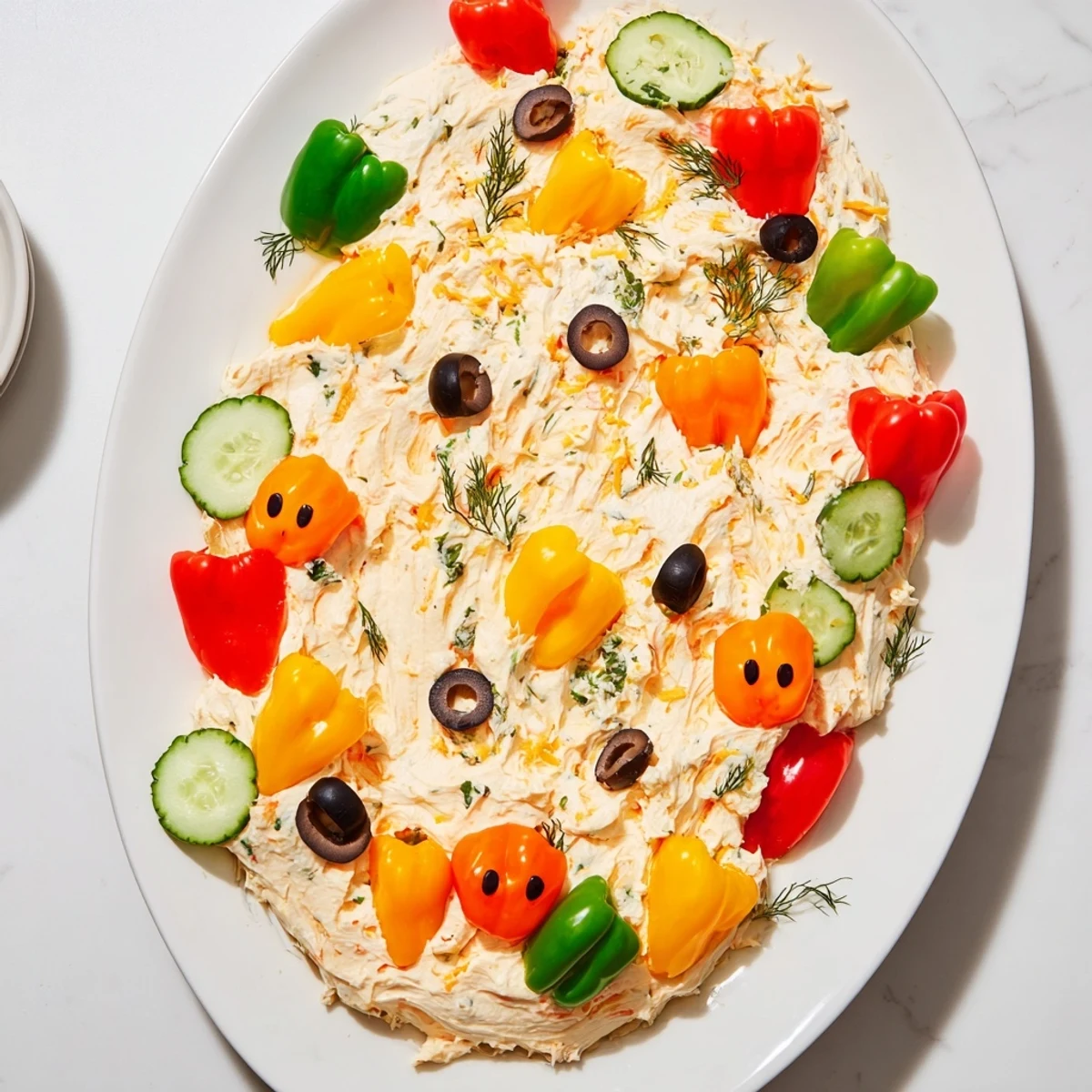 Creamy cheese Christmas Lights Appetizer Spread adorned with vibrant vegetable "lights" and fresh herbs.