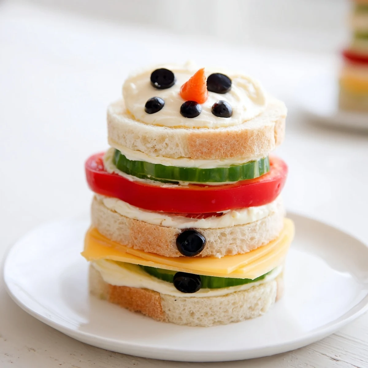 A snowman sandwich stack with carrot noses and olive eyes, perfect for a winter lunch.