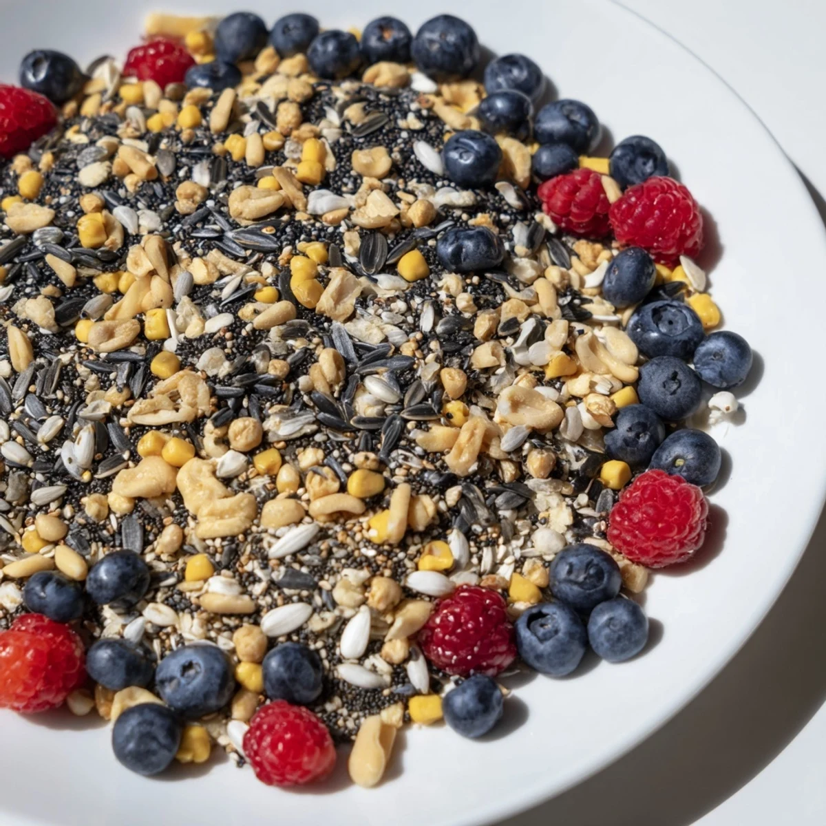 This Singing Bird Seed & Berry Platter has vivid red raspberries, blueberries, and halved grapes atop seeds for the birds.