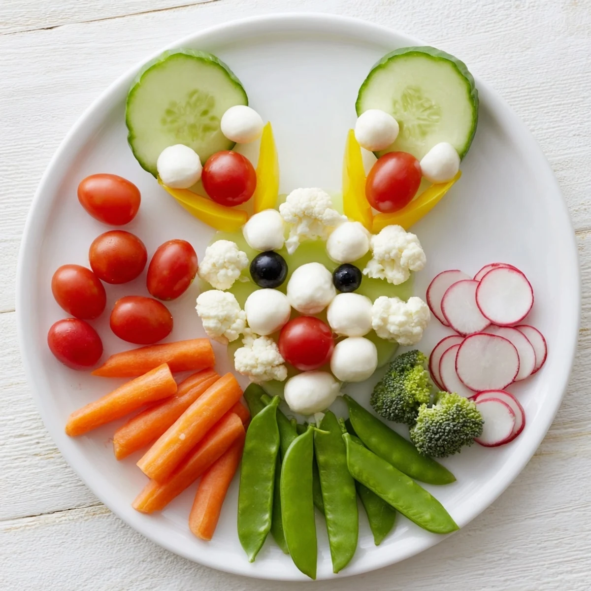 Festive Easter Bunny Spring Platter overflowing with colorful fresh vegetables, dips, and appealing snacks.