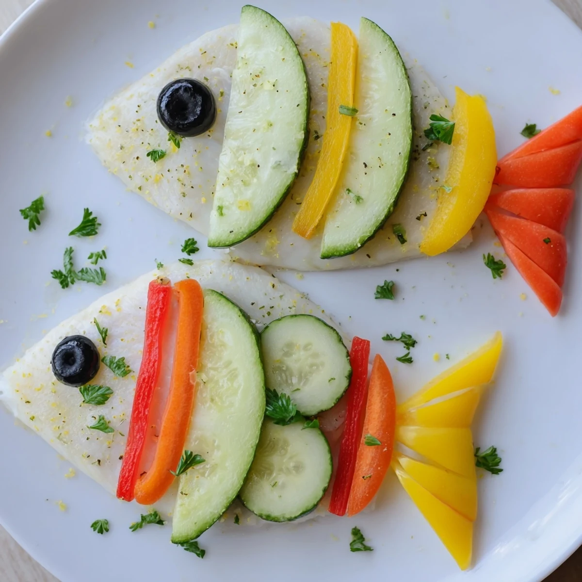 A golden-brown light fish-shaped meal with vibrant vegetable scales; ready to be served.