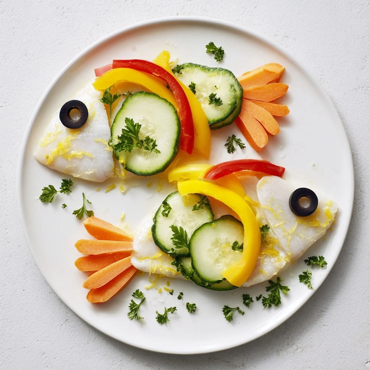 Colorful light fish-shaped meal with flaky white fish, tender vegetables, and black olive eyes.