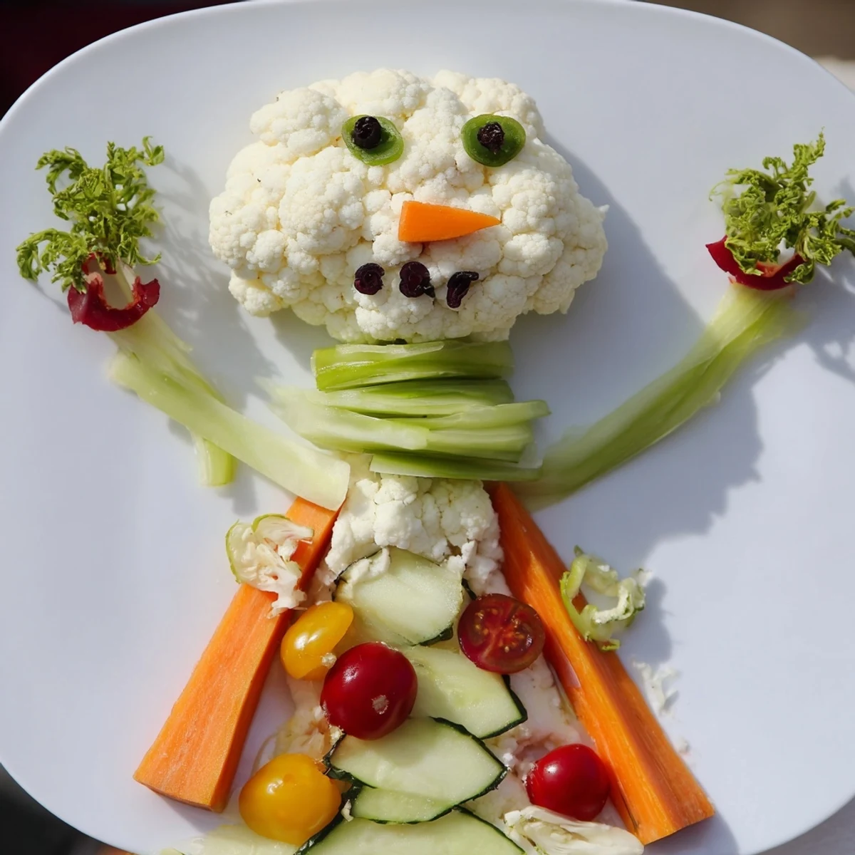 Snowman crudités with dip, a healthy and vibrant vegetarian appetizer, perfect for kids and parties.