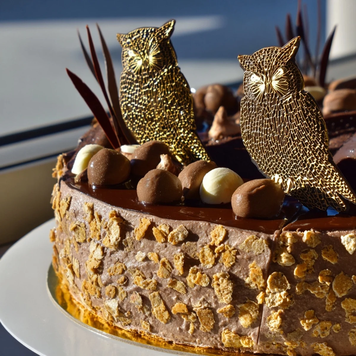 A cross-section of Plaisirs Sucrés Hibou de la Nuit entremets, showing layers of chocolate mousse.