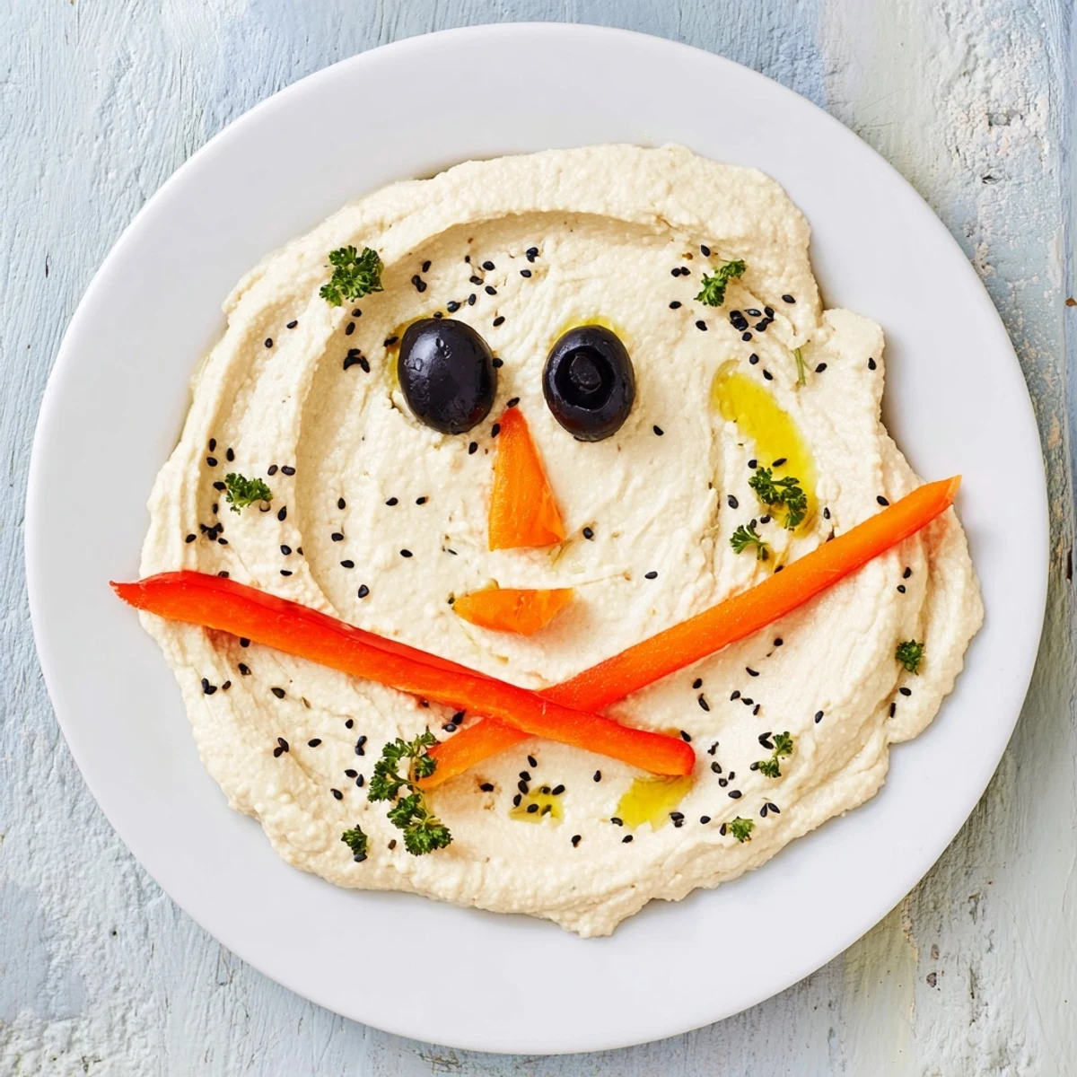 Festive Melted Snowman Hummus Platter, a healthy and fun holiday appetizer to share.