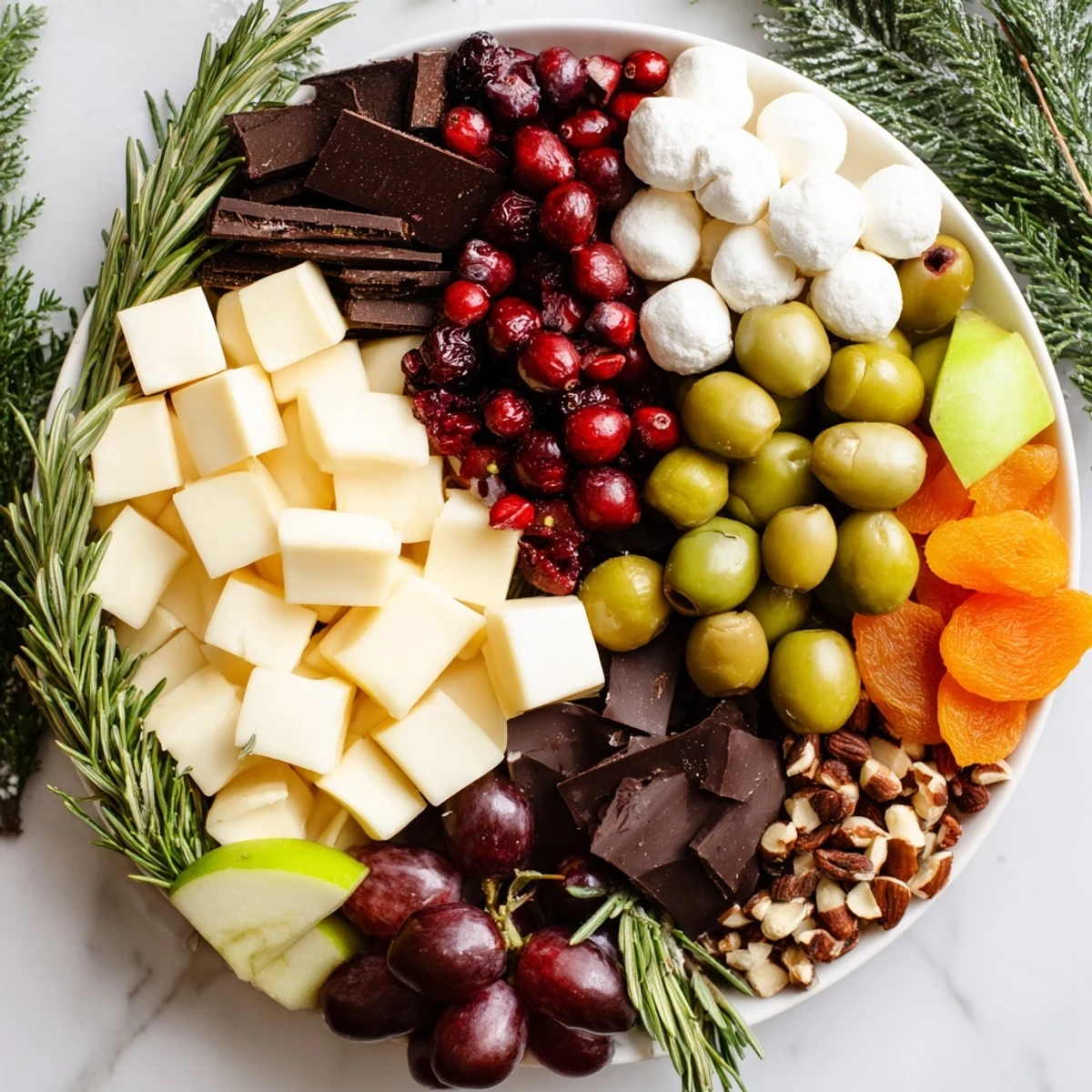 An overhead view of the vibrant Cranberry Joy Tree Board, a delicious holiday appetizer.