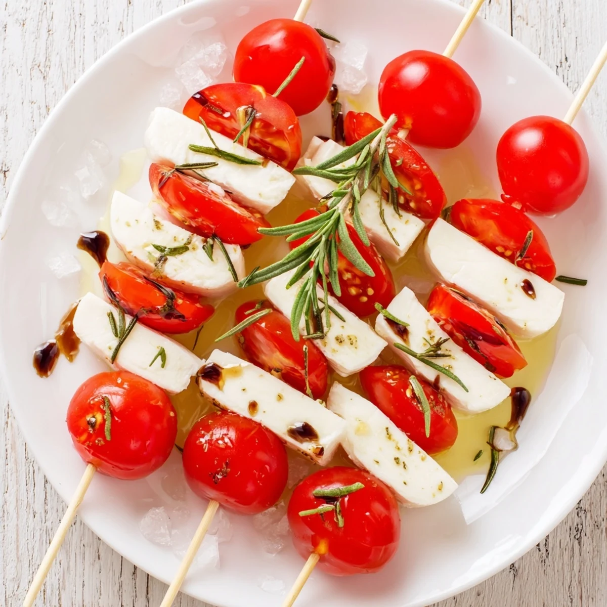 Enjoy these vibrant Caprese Skewers, a medley of star-shaped cheese, fresh basil, and ripe tomatoes drizzled with balsamic.