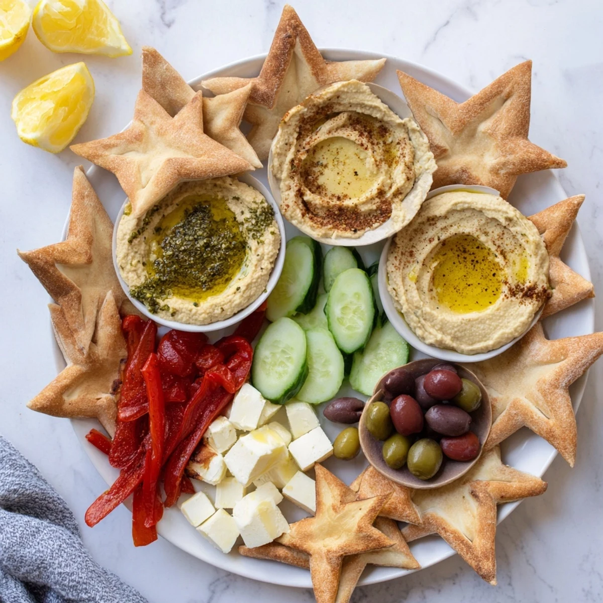 Crispy star-shaped pita on a Three Kings Star Pita Board, surrounded by colorful Mediterranean dips.
