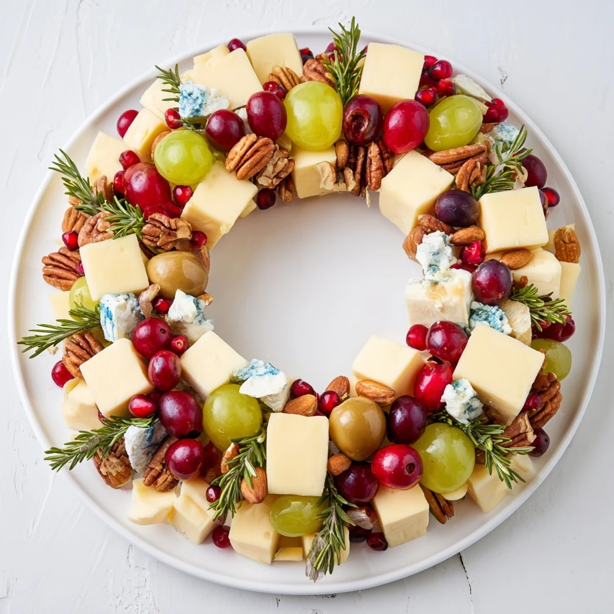 Festive Holiday Wreath Cheese Ring boasting a variety of cheese, grapes, and nuts, perfect for holiday gatherings.