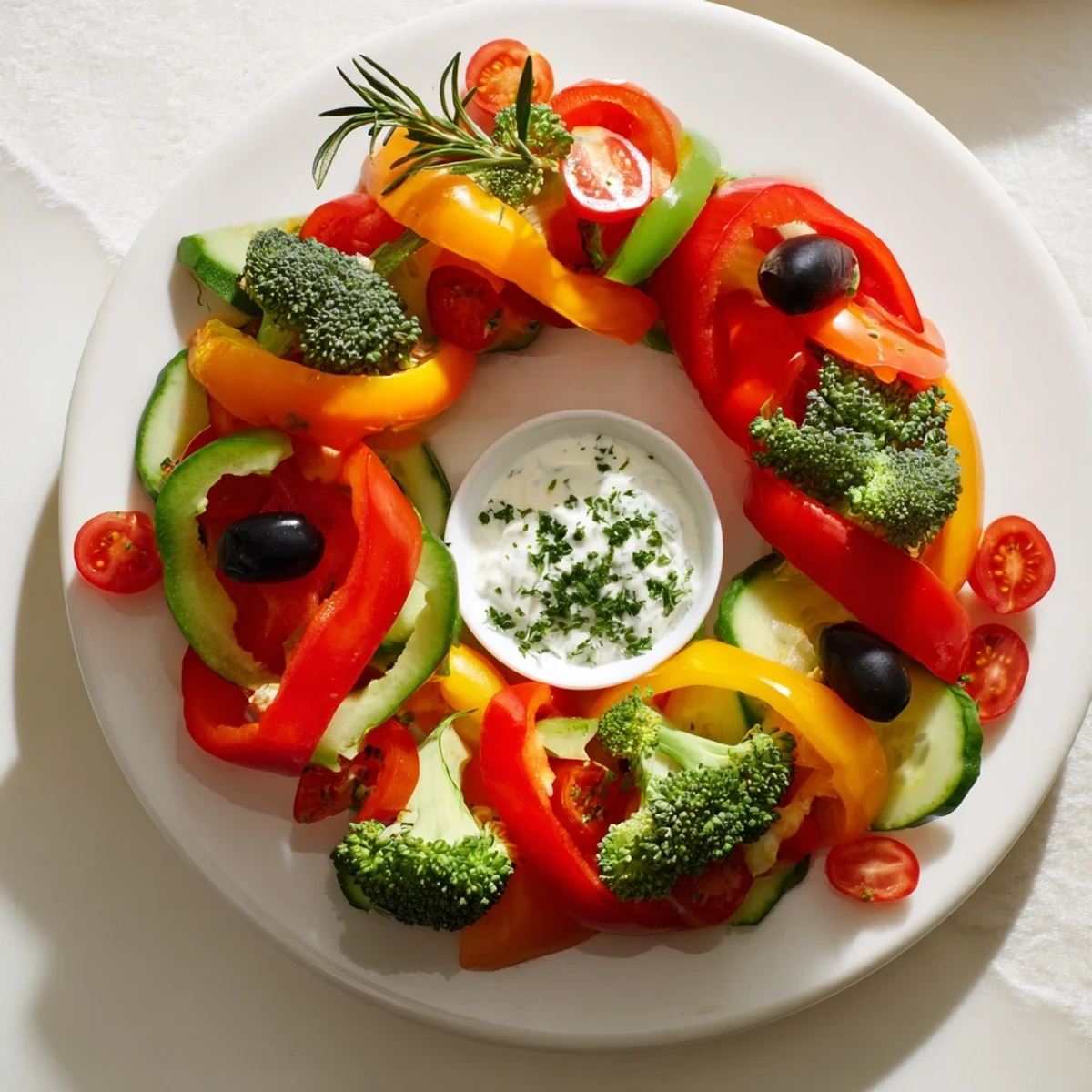 Festive bell pepper wreath with creamy veggie dip, a colorful and delicious holiday appetizer.