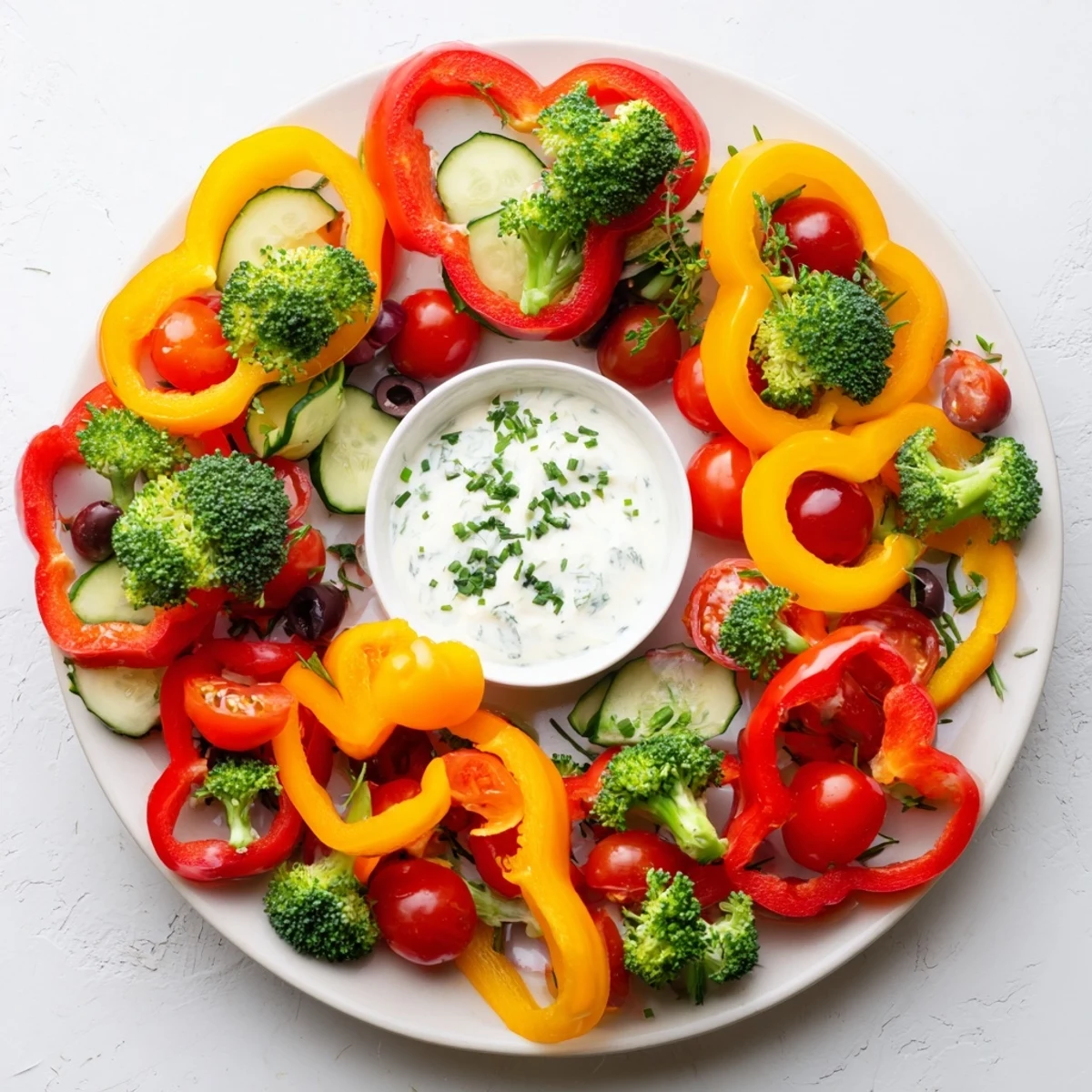 Freshly arranged festive bell pepper wreath appetizer, served with a flavorful homemade herb veggie dip.