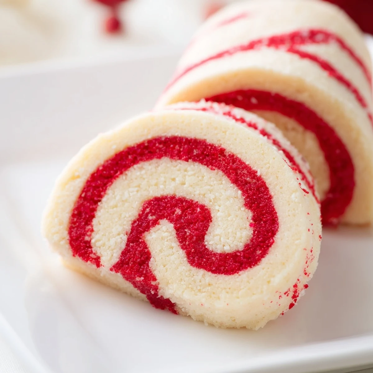 Freshly baked candy cane swirl cookies, a delightful American dessert, with a dusting of crushed candy.