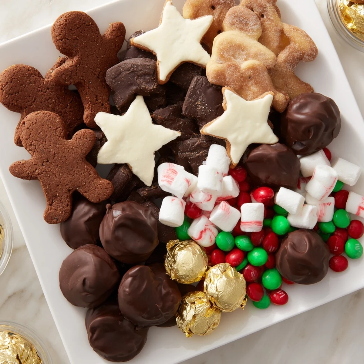 A candy board overflowing with various candies, a festive Santas Sack Candy Avalanche, ready to eat.