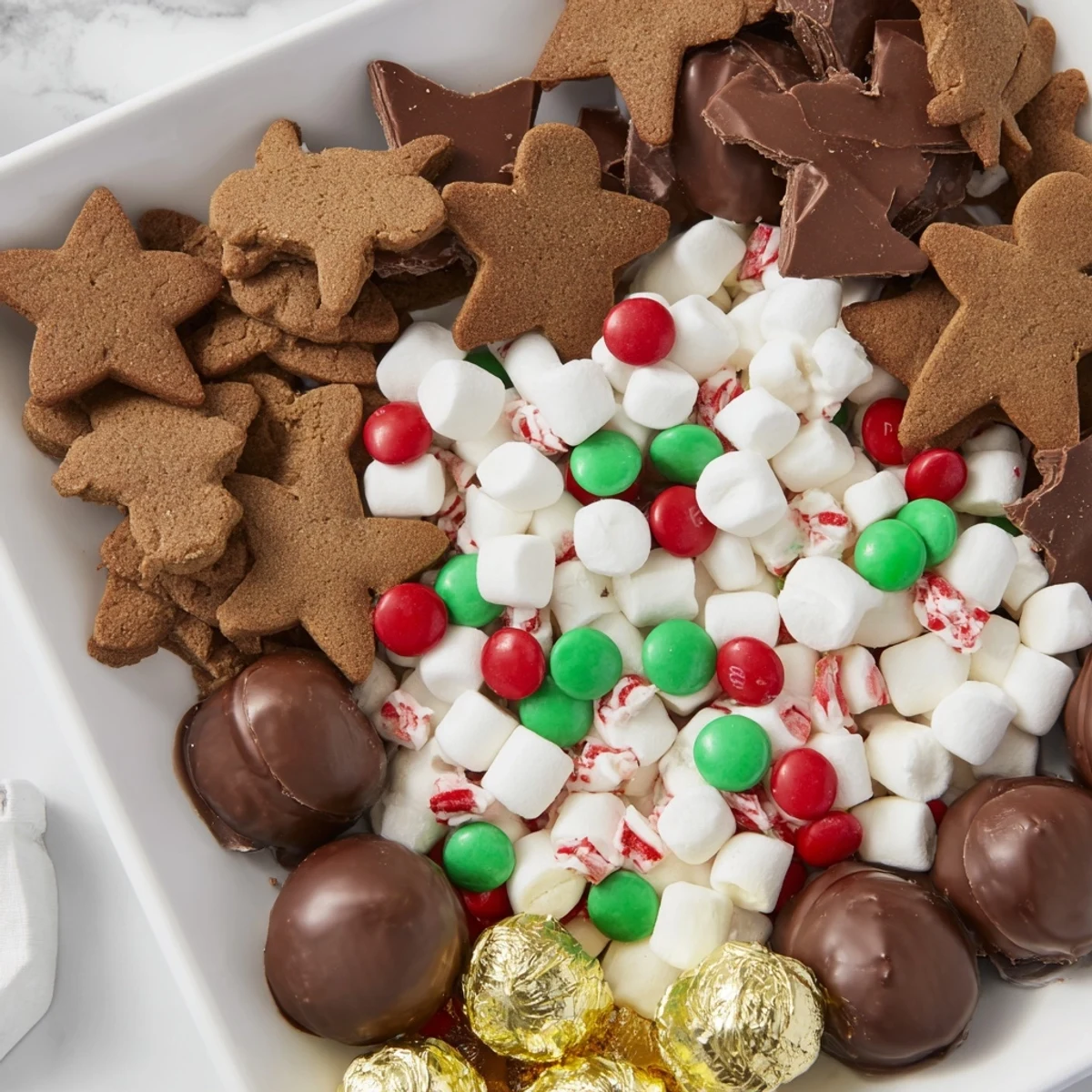 This colorful Santas Sack Candy Avalanche features chocolate candies, cookies, and other treats, perfect for sharing.