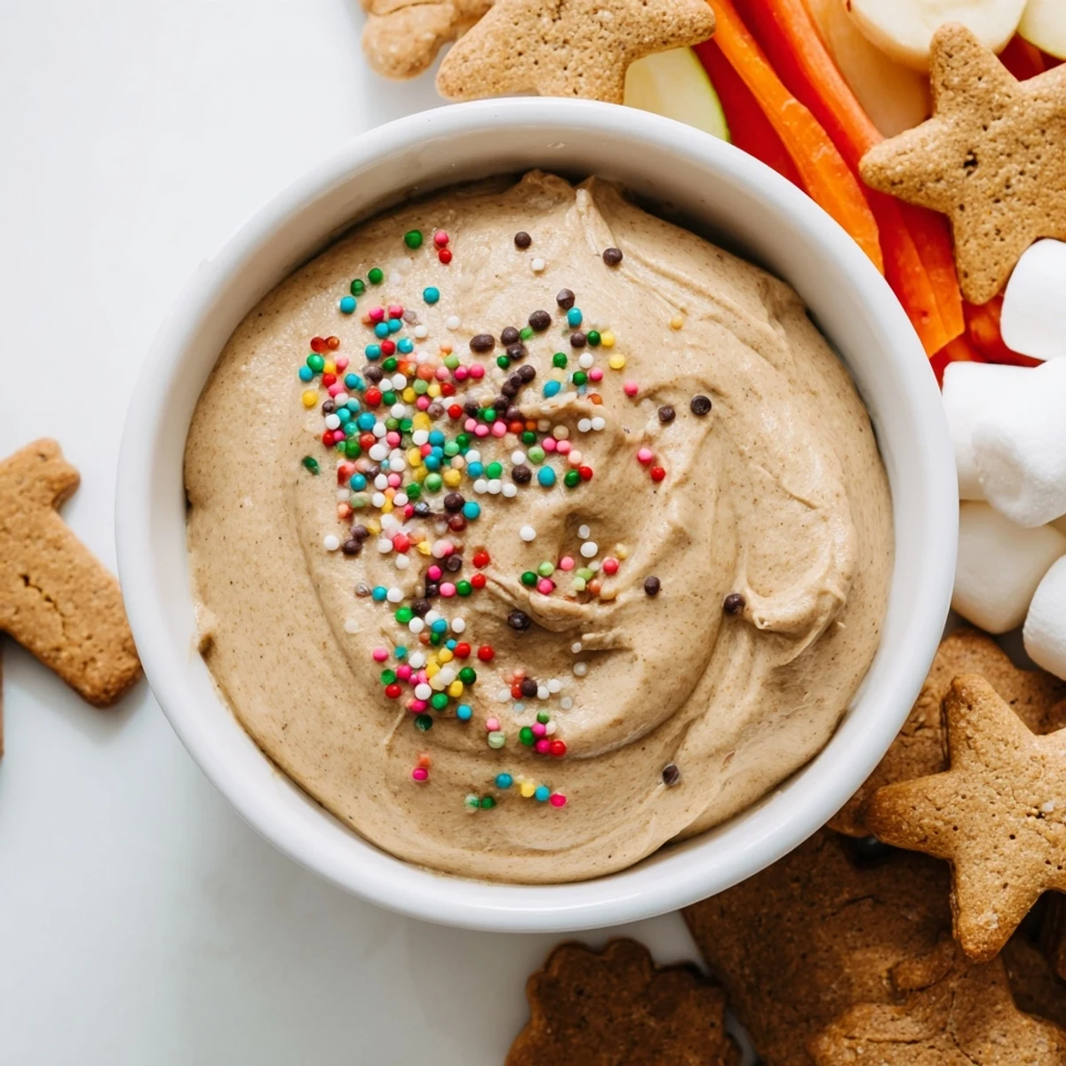 A close-up of a gingerbread house dip board with dippable treats, perfect for sharing.