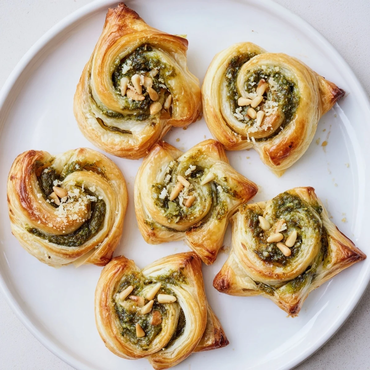 Golden star-shaped pesto pinwheels, fresh from the oven, ready to be enjoyed as a party snack.